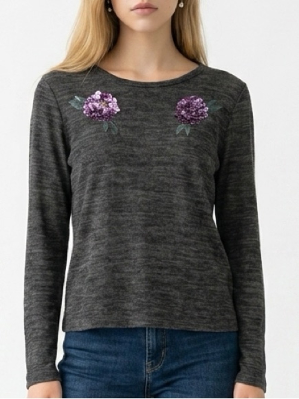 Zara sweater Size 8‎ black with purple flower appliqués Long sleeve round neck
